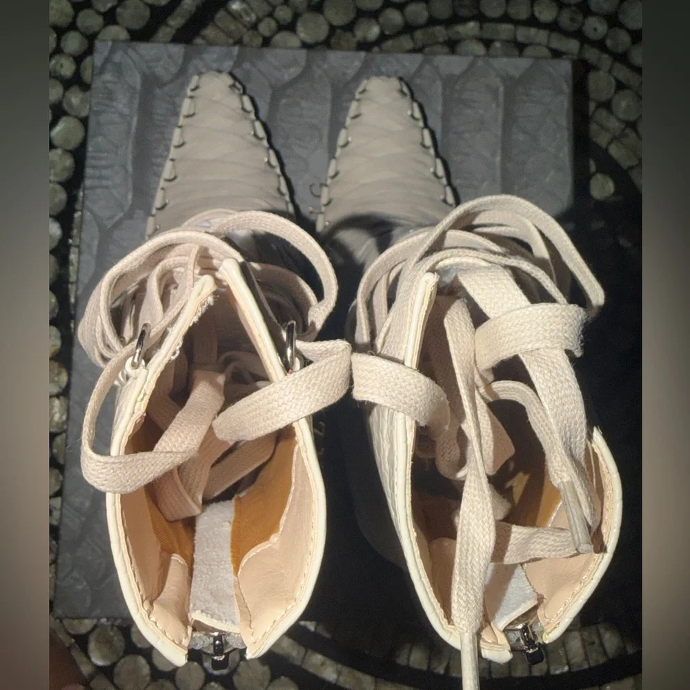 Azalea Wang “Sniper” Croc-Embossed Lace-Up Stiletto Boot in Beige - Picture 8 of 11